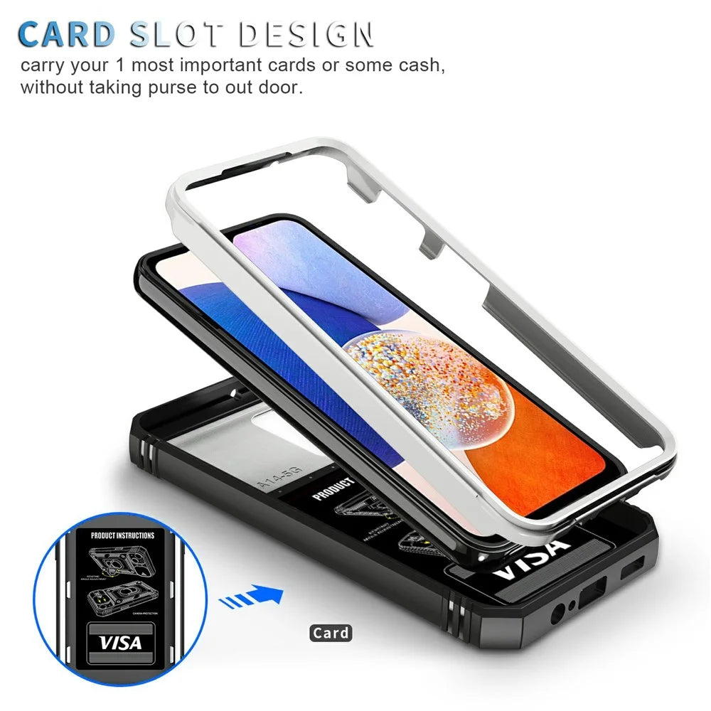 Shockproof Case for Samsung Galaxy A14 5G / A14 4G Kickstand PC TPU Cover with Card Slot, Lens Guard - White / Black - 7