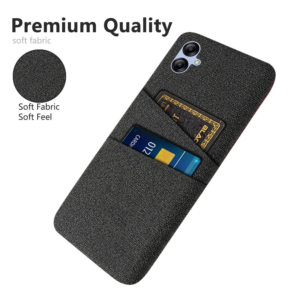 For Samsung Galaxy A04e 4G Anti-Scratch Cloth Texture Phone Back Case Cellphone Cover with 2 Card Slots - Black - 3