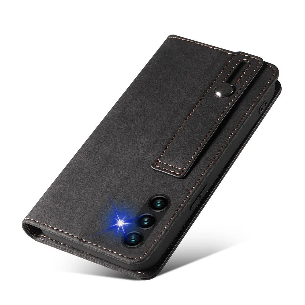 For Samsung Galaxy A14 5G / A14 4G Wallet Magnetic Leather Phone Stand Case Wristband Cell Phone Cover - Black - 6