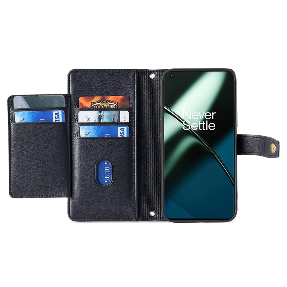 For OnePlus Ace 2 5G / 11R 5G Wallet Phone Case PU Leather Card Slots Zipper Pocket Stand Cover with Straps - Black - 2