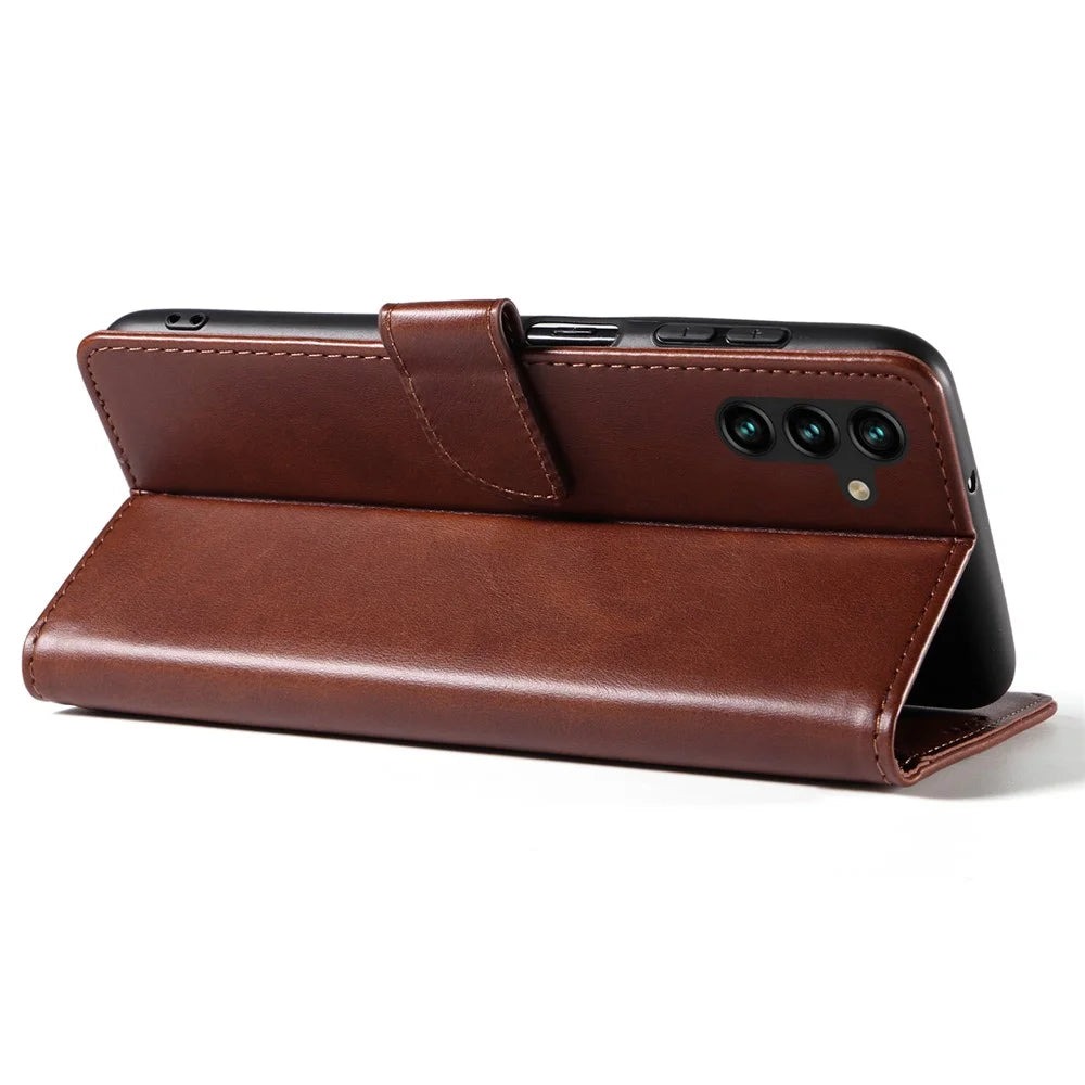 For Samsung Galaxy A34 5G Leather Phone Cover Square Magnetic Clasp Case with Stand Wallet - Brown - 3