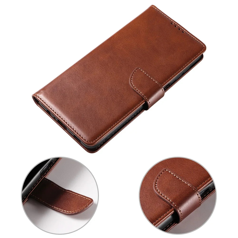 For Samsung Galaxy A34 5G Leather Phone Cover Square Magnetic Clasp Case with Stand Wallet - Brown - 5