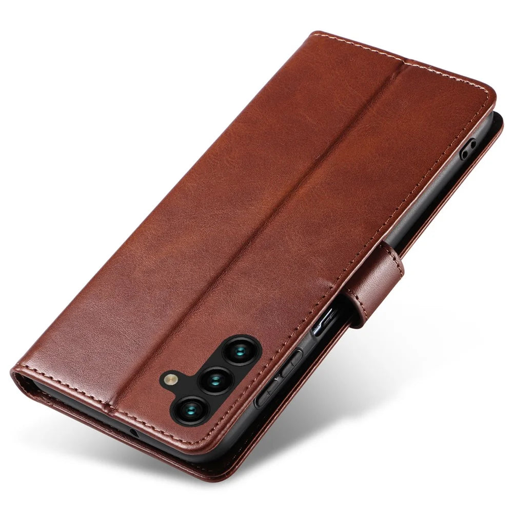 For Samsung Galaxy A34 5G Leather Phone Cover Square Magnetic Clasp Case with Stand Wallet - Brown - 6