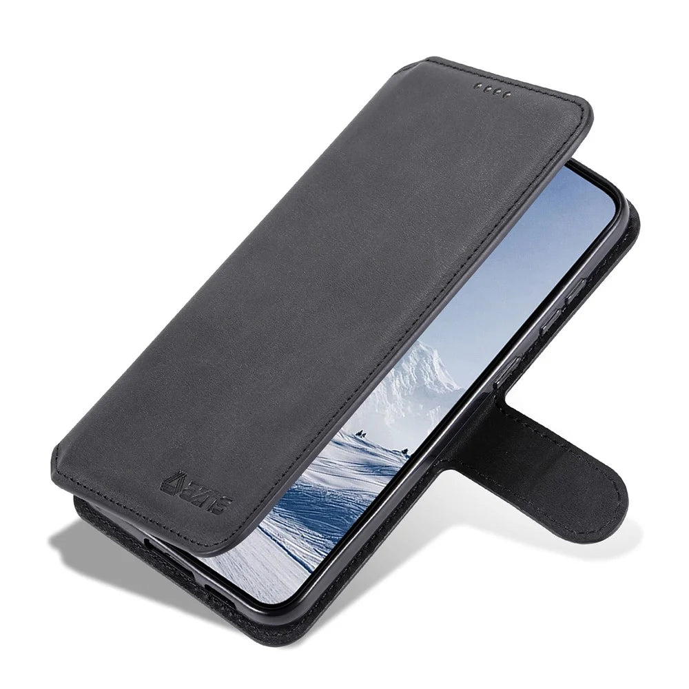 AZNS Anti-fall Phone Case For Samsung Galaxy S23 Calf Texture Leather Flip Phone Cover with Wallet Stand - Black - 5