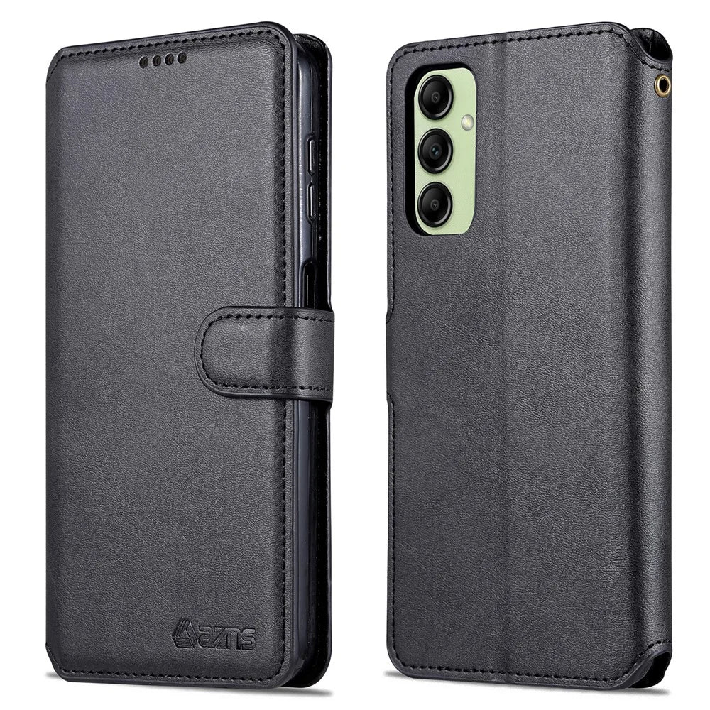 AZNS Drop-proof Phone Case For Samsung Galaxy A14 5G / A14 4G Calf Texture Leather Phone Wallet Cover Stand - Black - 1