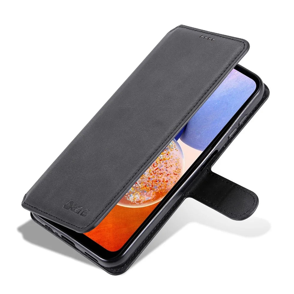 AZNS Drop-proof Phone Case For Samsung Galaxy A14 5G / A14 4G Calf Texture Leather Phone Wallet Cover Stand - Black - 5