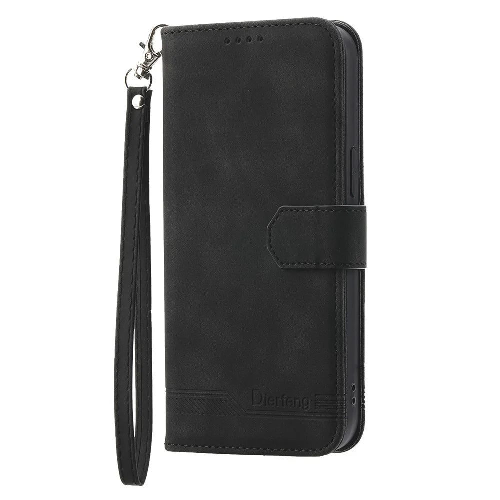 DIERFENG DF-03 for Samsung Galaxy A04e 4G / F04 4G / M04 4G Leather Phone Case Lines Imprinted Stand Phone Wallet Cover - Black - 7