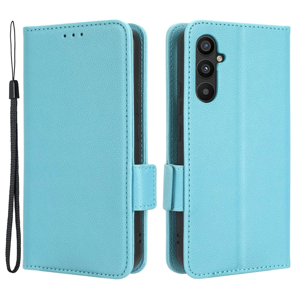 For Samsung Galaxy A24 4G (162.1 x 77.6 x 8.3mm) PU Leather Phone Case Litchi Texture Wallet Stand Protective Phone Cover - Baby Blue - 1