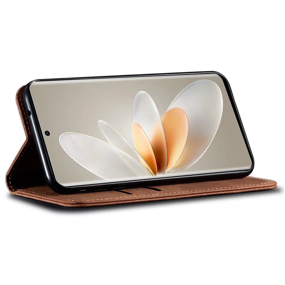 For vivo V27 5G PU Leather Flip Phone Case Jeans Cloth Texture Stand TPU Inner Shell Wallet - Coffee - 3
