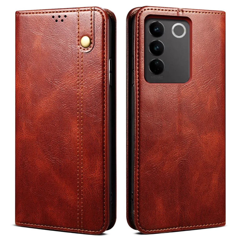Waxy Crazy Horse Texture Phone Case for vivo V27 5G , Stand Wallet Leather Cell Phone Cover - Brown - 1