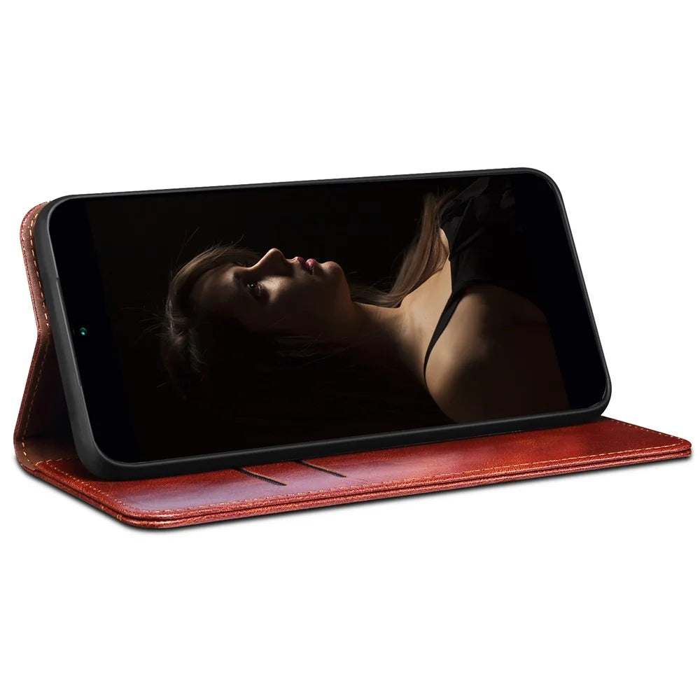 Waxy Crazy Horse Texture Phone Case for vivo V27 5G , Stand Wallet Leather Cell Phone Cover - Brown - 3