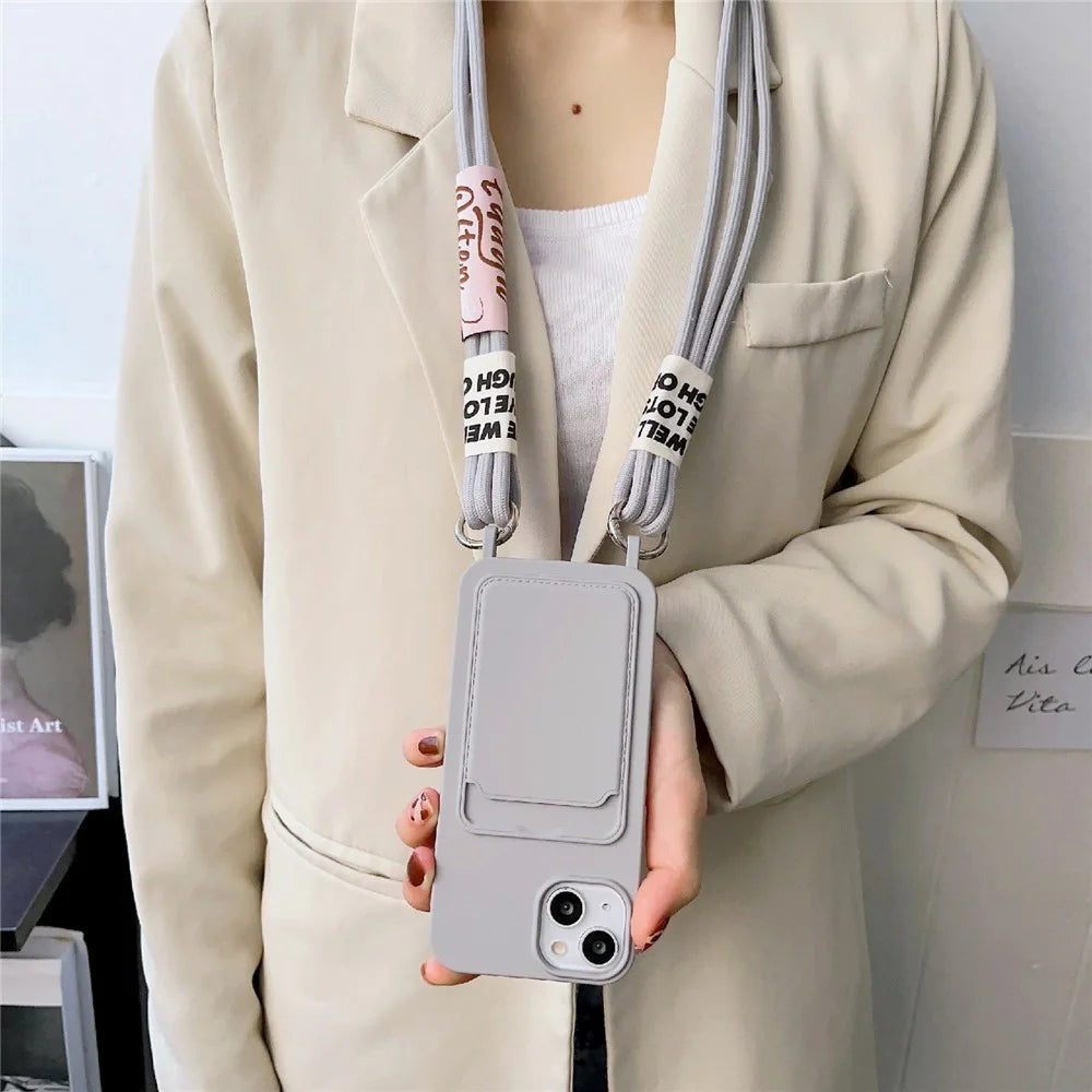For iPhone 13 6.1 inch Liquid Silicone Card Slot Phone Case Anti-Scratch Shockproof Cover with Long Strap - Grey - 3