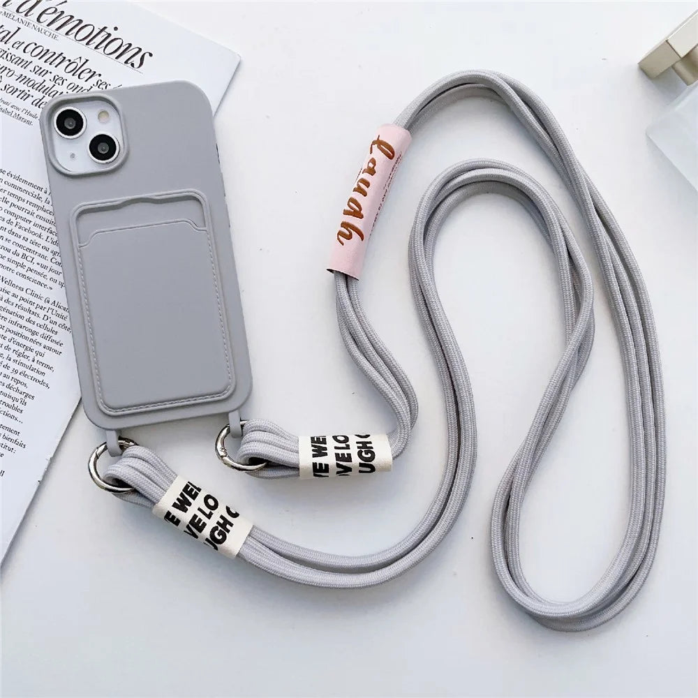 For iPhone 14 Soft Liquid Silicone Phone Case Card Slot Slim Protective Back Cover with Lanyard Strap - Grey - 2
