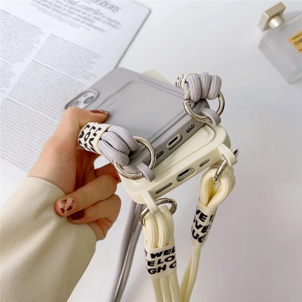 For iPhone 14 Soft Liquid Silicone Phone Case Card Slot Slim Protective Back Cover with Lanyard Strap - Grey - 4
