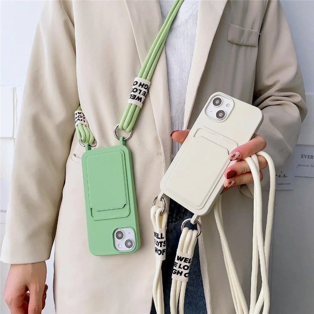 For iPhone 14 Soft Liquid Silicone Phone Case Card Slot Slim Protective Back Cover with Lanyard Strap - Grey - 7