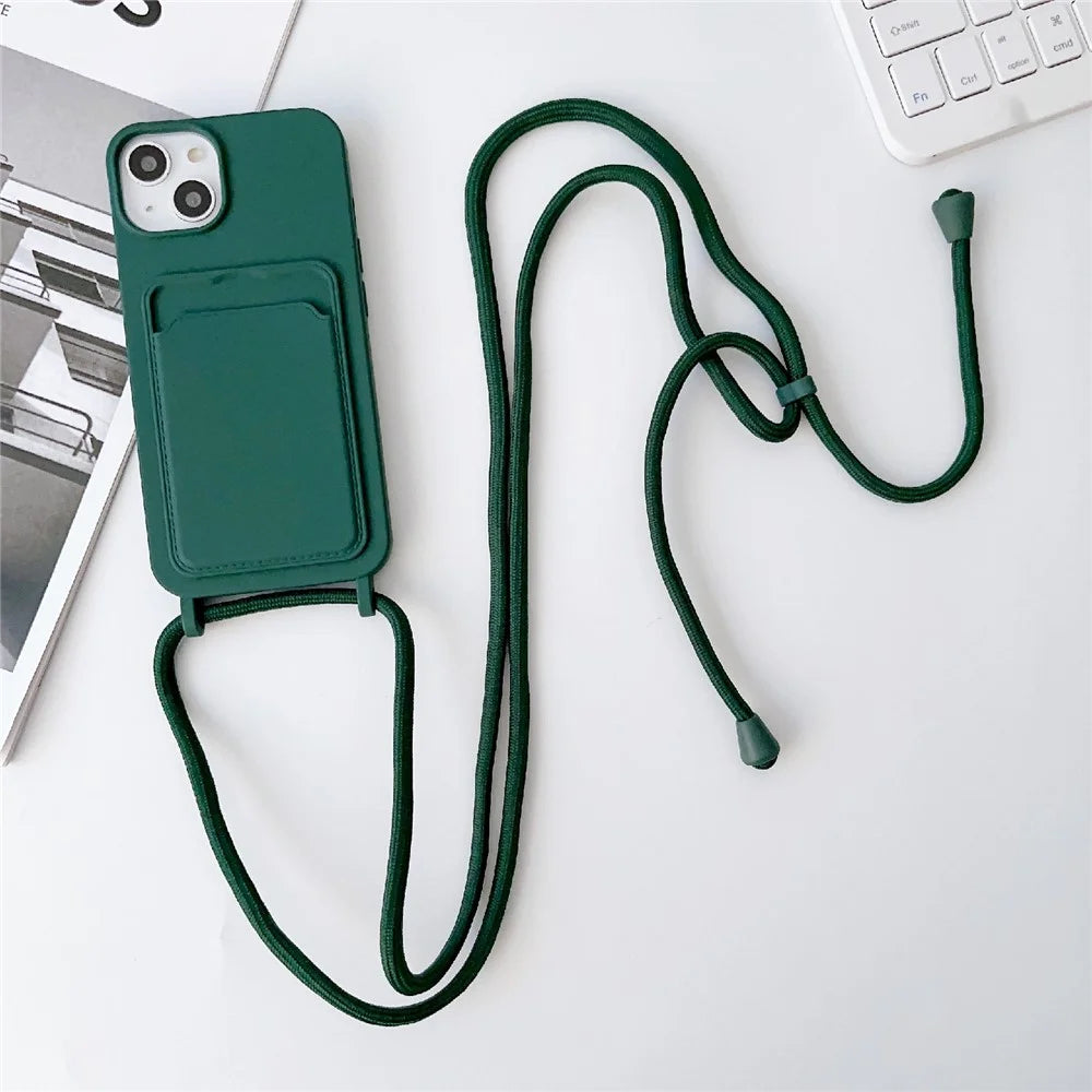 For iPhone 13 6.1 inch Phone Case Anti-Drop Liquid Silicone Protective Cover with Card Slot, Strap - Midnight Green - 2