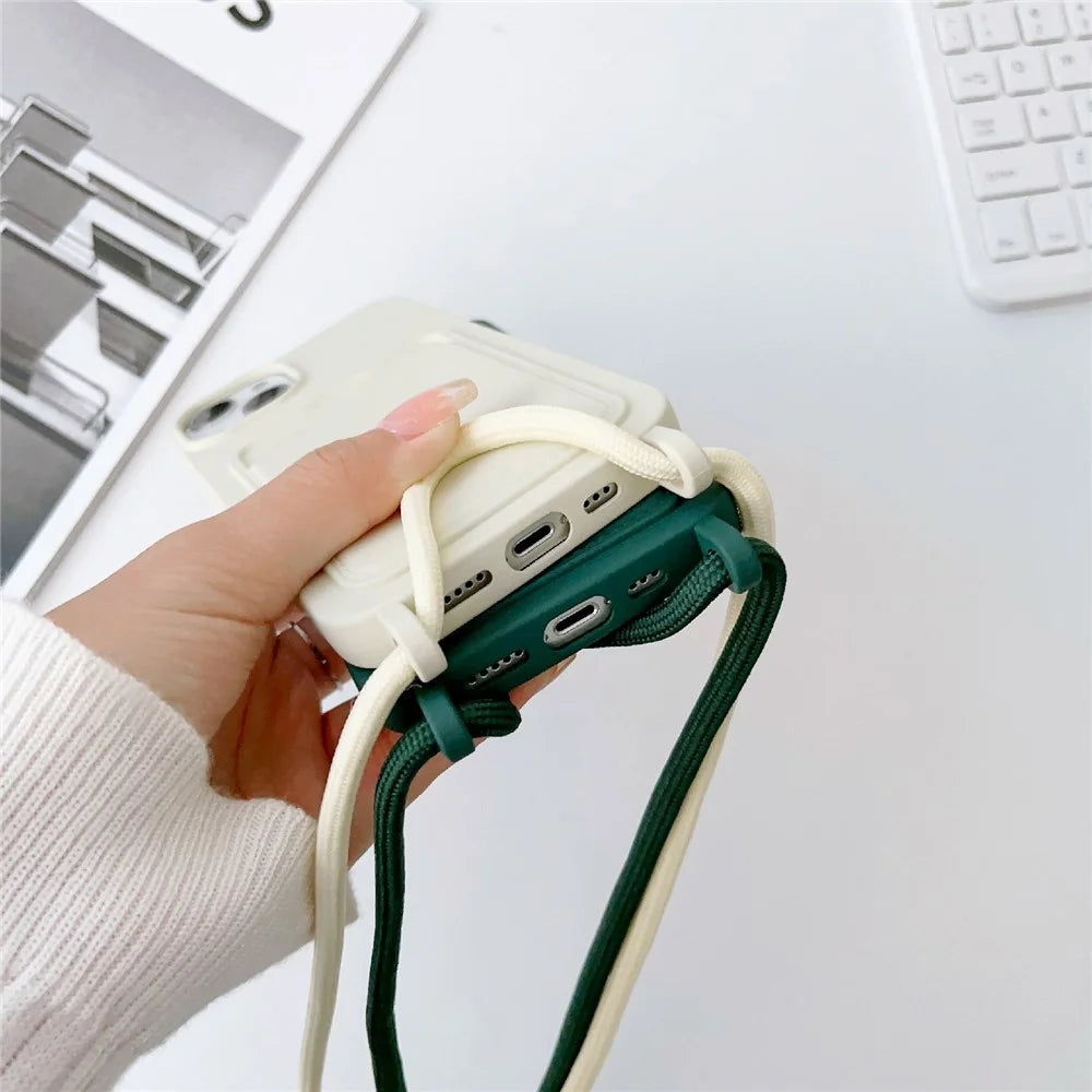 For iPhone 13 6.1 inch Phone Case Anti-Drop Liquid Silicone Protective Cover with Card Slot, Strap - Midnight Green - 4