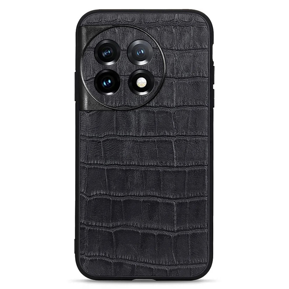 For OnePlus 11 5G Genuine Leather + TPU Crocodile Texture Phone Case Drop-proof Mobile Cover - Black - 1