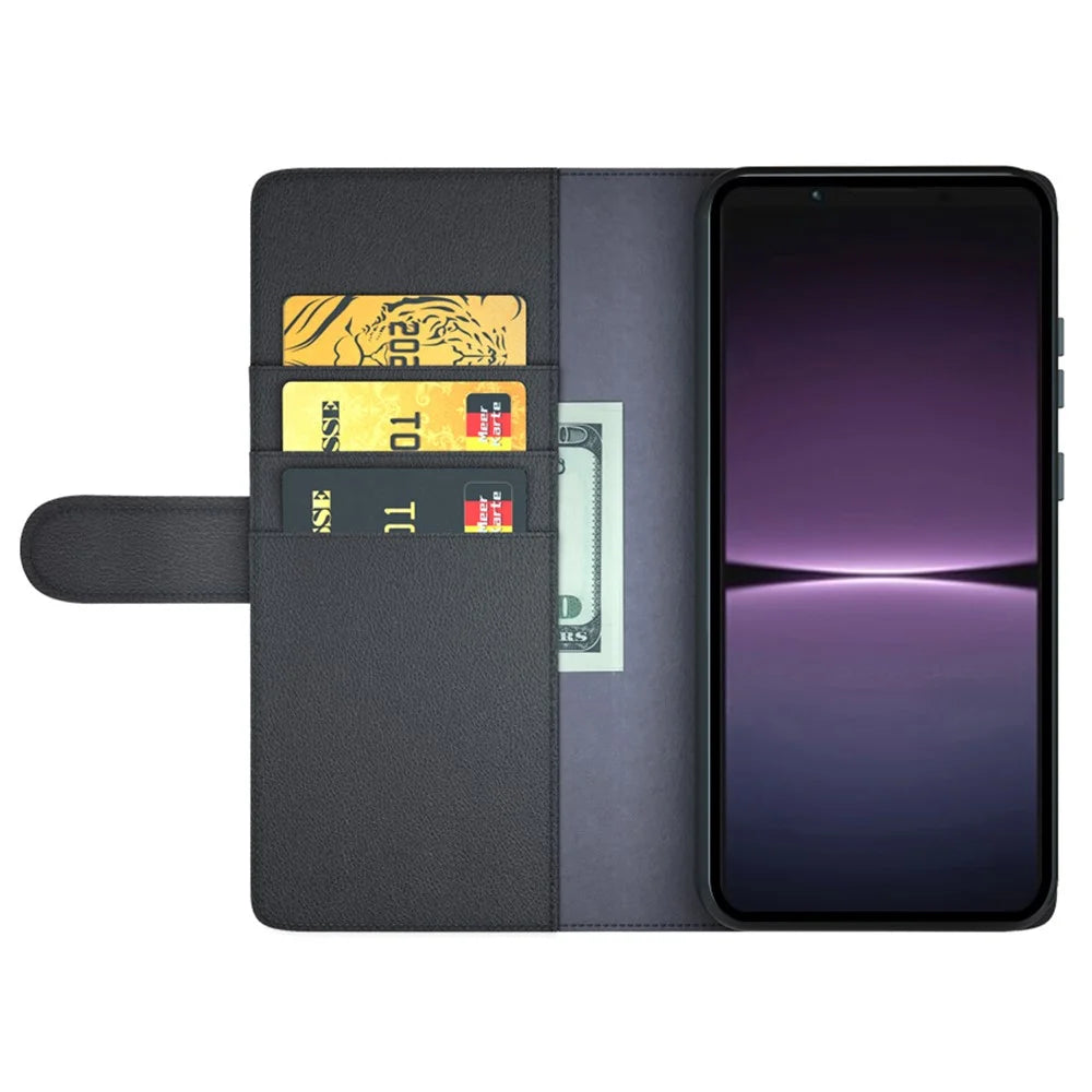 For Sony Xperia 1 V Case Genuine Split Leather Phone Cover with Wallet Stand - Black - 2