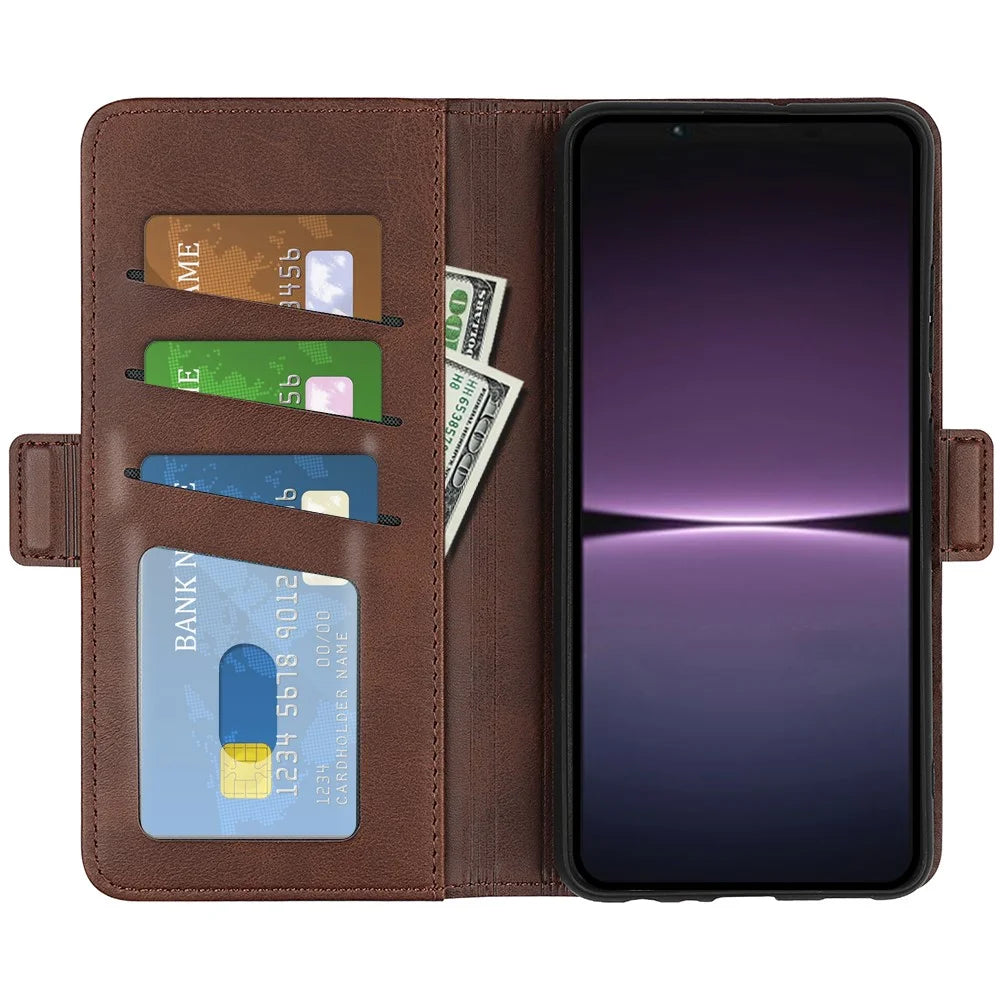 For Sony Xperia 1 V Leather Phone Stand Case Calf Texture Cell Phone Wallet Cover - Brown - 2