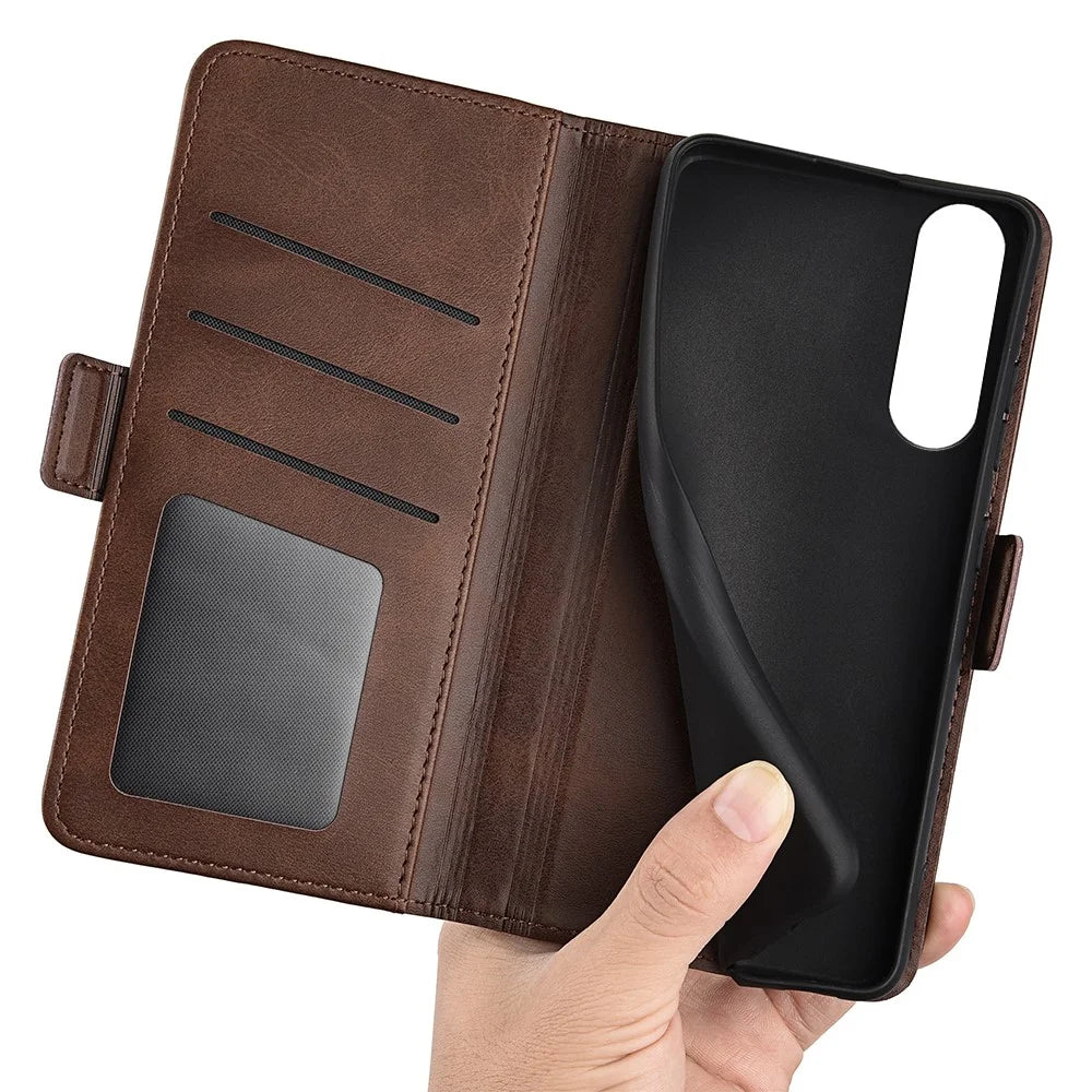 For Sony Xperia 1 V Leather Phone Stand Case Calf Texture Cell Phone Wallet Cover - Brown - 4