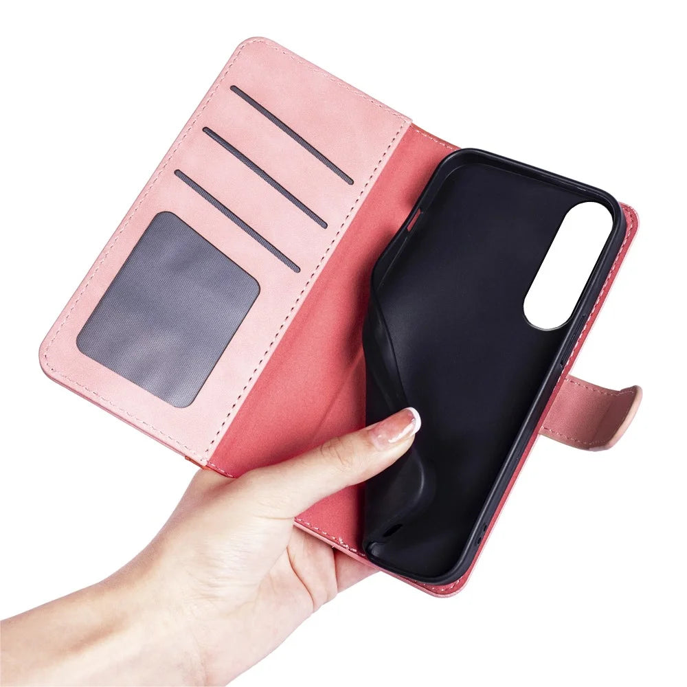 For Sony Xperia 1 V Dual Color Splicing Stand Wallet Phone Case PU Leather Cover - Pink - 5