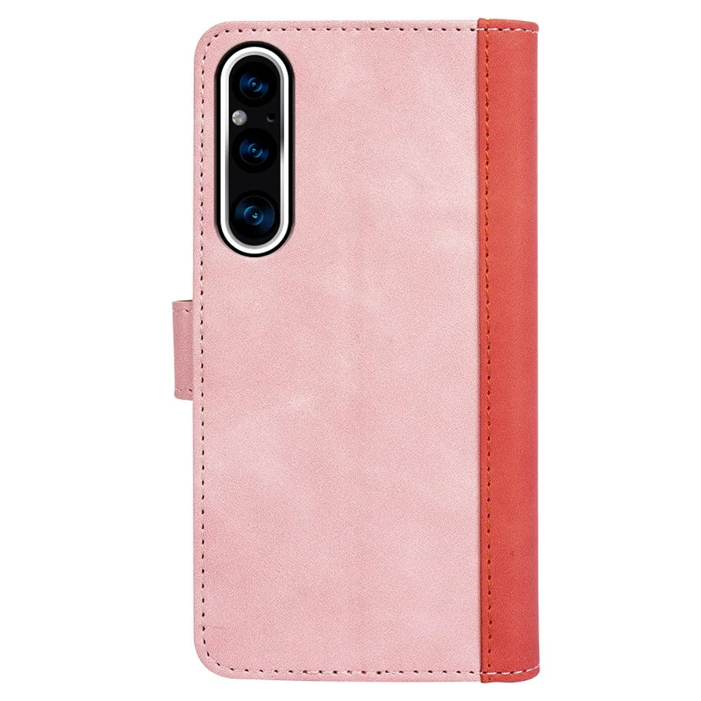 For Sony Xperia 1 V Dual Color Splicing Stand Wallet Phone Case PU Leather Cover - Pink - 7
