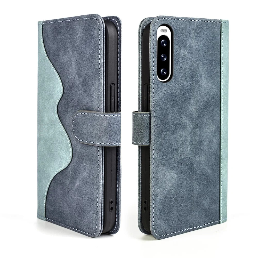 For Sony Xperia 10 V Leather Phone Stand Case Dual Color Splicing Wallet Cell Phone Cover - Blue - 1