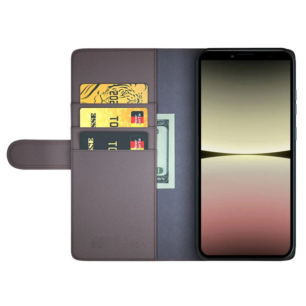 For Sony Xperia 10 V Case Genuine Split Leather Phone Cover with Wallet Stand - Brown - 2