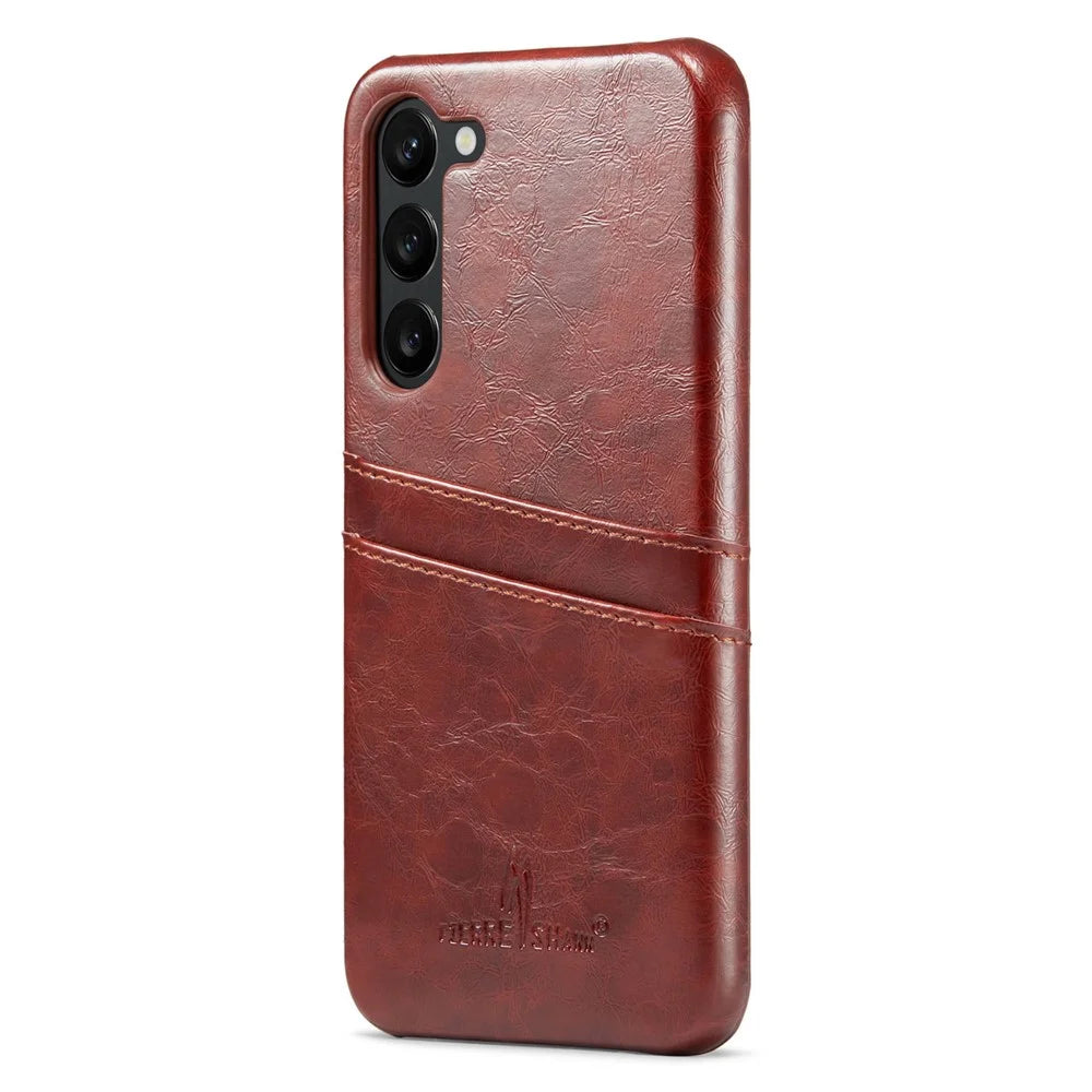FIERRE SHANN For Samsung Galaxy S23 Phone Protective Cover Card Slots Oil Wax PU Leather+PC Phone Case - Brown - 1