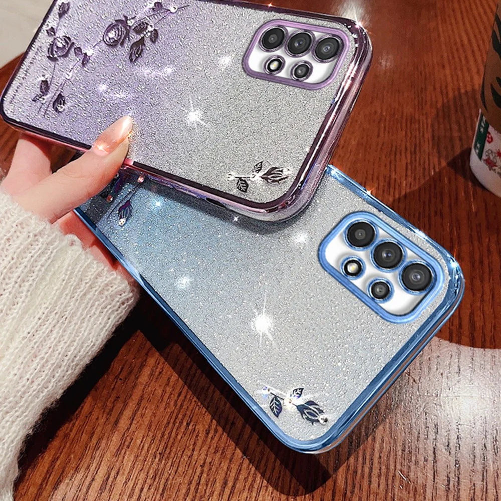 KADEM Slim-Fit Phone Case with Rhinestone Decor for Samsung Galaxy A33 5G , Gradient Glitter Powder Flower TPU Cover - Purple - 4
