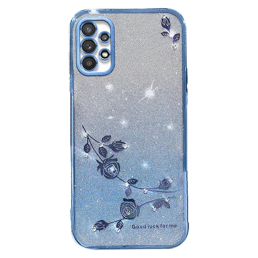 KADEM For Samsung Galaxy A52 4G / A52s 5G / A52 5G Rhinestone Decor Gradient Glitter Powder TPU Cover Flower Pattern Phone Case - Blue - 1
