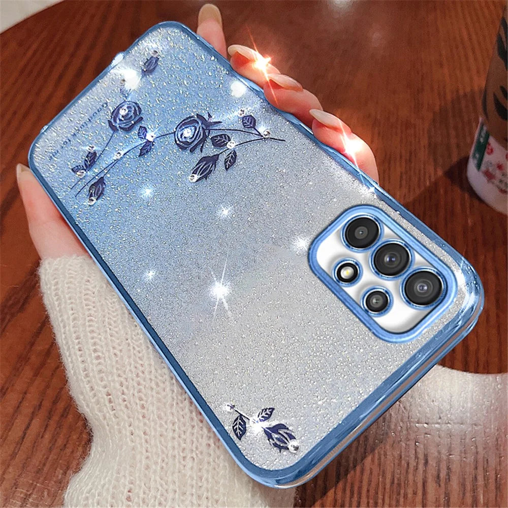 KADEM For Samsung Galaxy A52 4G / A52s 5G / A52 5G Rhinestone Decor Gradient Glitter Powder TPU Cover Flower Pattern Phone Case - Blue - 2