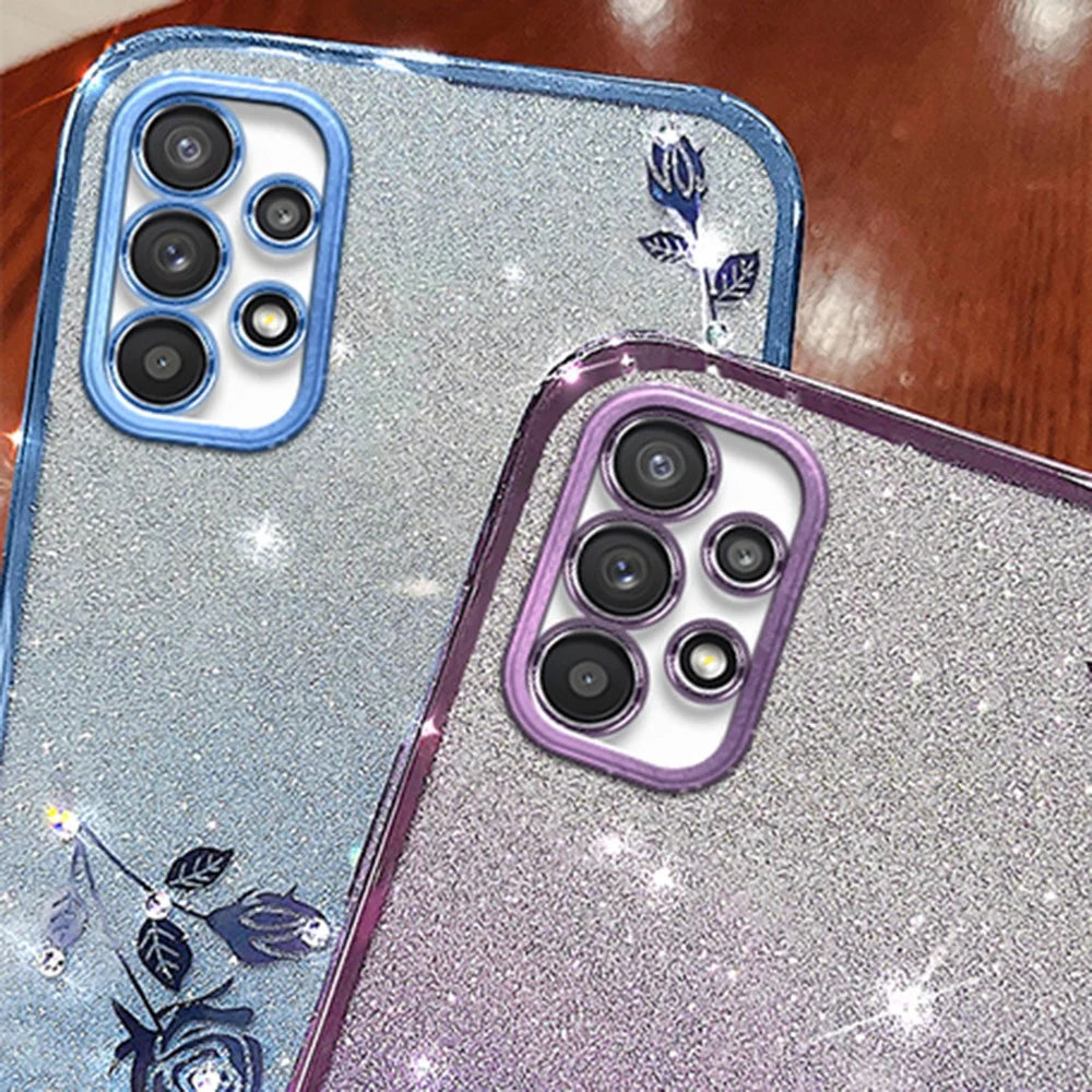 KADEM For Samsung Galaxy A32 5G / M32 5G TPU Cover Rhinestone Decor Flower Pattern  Gradient Glitter Powder Phone Case - Rose Gold - 5