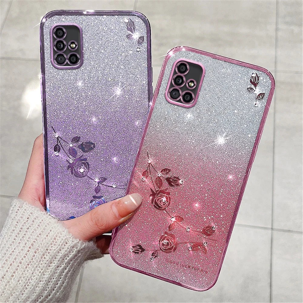 KADEM For Samsung Galaxy A51 5G SM-A516 Soft TPU Phone Case Flower Rhinestone Decor Gradient Glitter Phone Cover - Rose Gold - 5