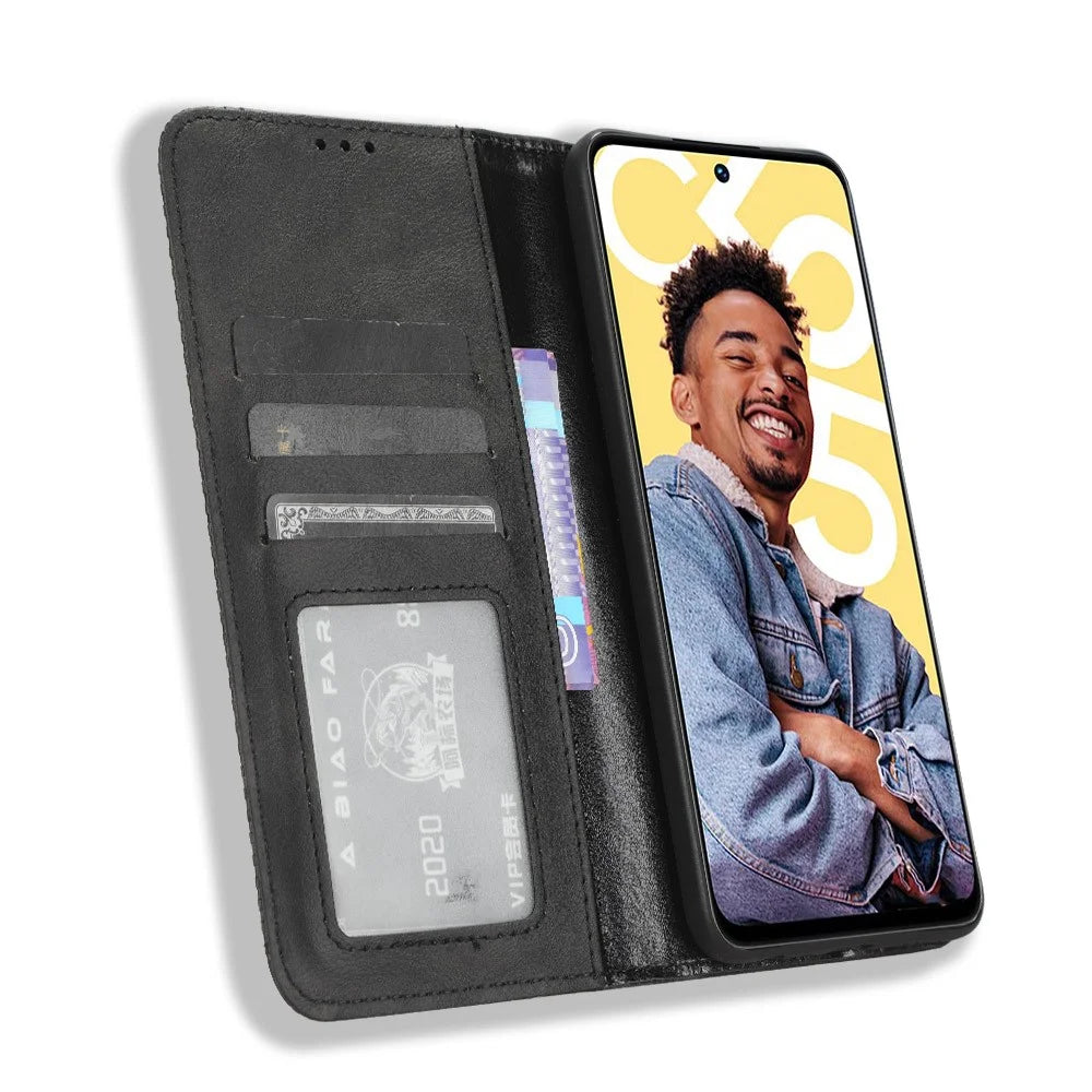 For Realme C55 / Narzo N55 4G Retro Magnetic Absorption Flip Stand Cover PU Leather Wallet Phone Case - Black - 2