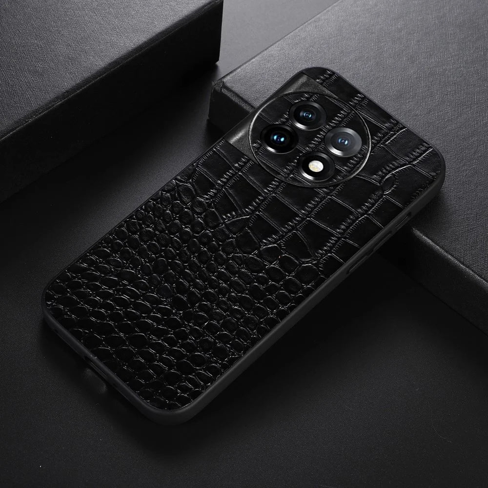 For OnePlus 11 5G Crocodile Texture Phone Case Genuine Cowhide Leather Coated PC+TPU Anti-Scratch Shell - Black - 2