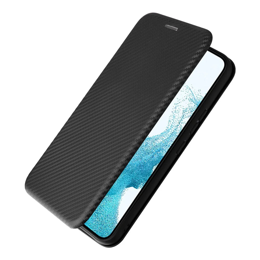 For Samsung Galaxy M14 5G Leather Anti-drop Cover Carbon Fiber Texture Phone Stand Case with Card Holder - Black - 4