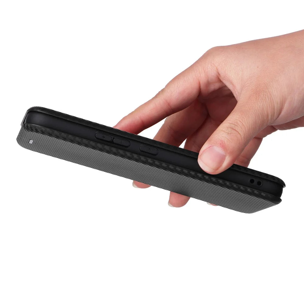 For Samsung Galaxy M14 5G Leather Anti-drop Cover Carbon Fiber Texture Phone Stand Case with Card Holder - Black - 6