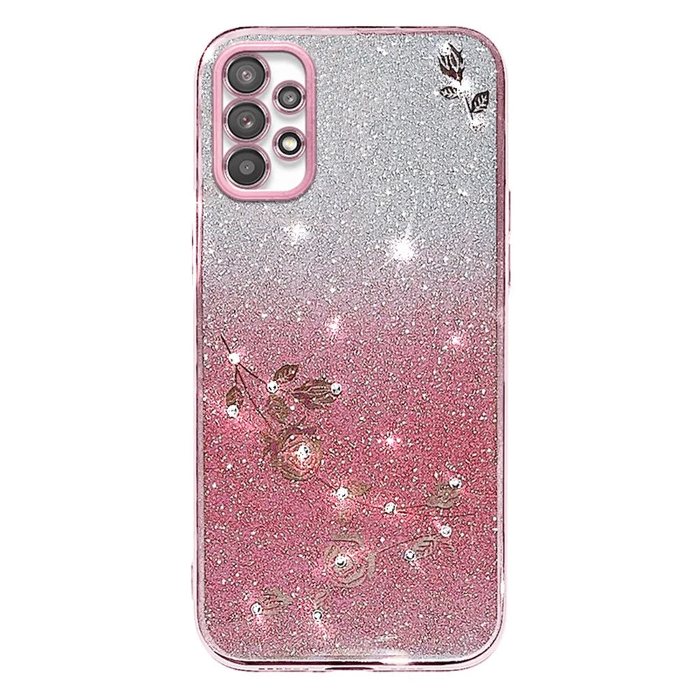 KADEM For Samsung Galaxy A53 5G Gradient Glitter TPU Cover Flower Rhinestone Decor Anti-drop Phone Case - Rose Gold - 1