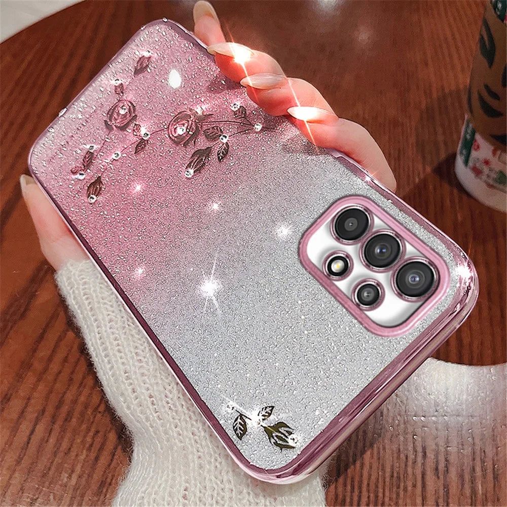 KADEM For Samsung Galaxy A53 5G Gradient Glitter TPU Cover Flower Rhinestone Decor Anti-drop Phone Case - Rose Gold - 2