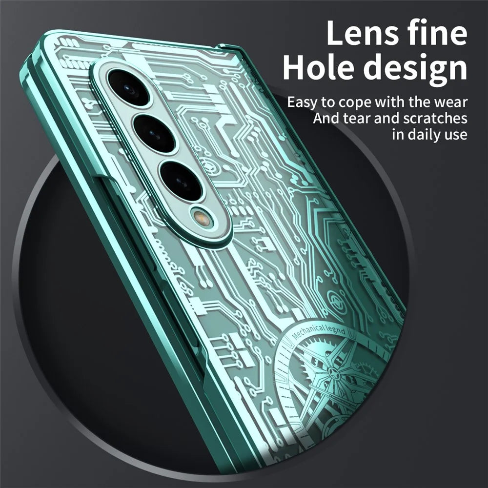 For Samsung Galaxy Z Fold4 5G Mechanical Legend Series Electroplating Phone Case Hard PC Shockproof Cover with Tempered Glass Film - Green - 4
