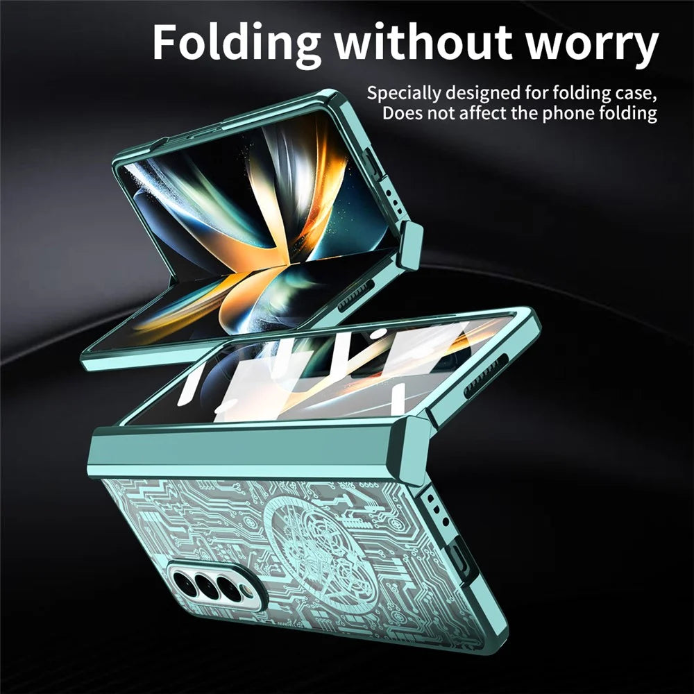 For Samsung Galaxy Z Fold4 5G Mechanical Legend Series Electroplating Phone Case Hard PC Shockproof Cover with Tempered Glass Film - Green - 7