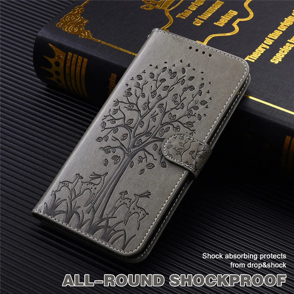 Wallet Phone Case for Samsung Galaxy A14 5G / A14 4G , PU Leather Deer Tree Pattern Stand Flip Cover - Grey - 4