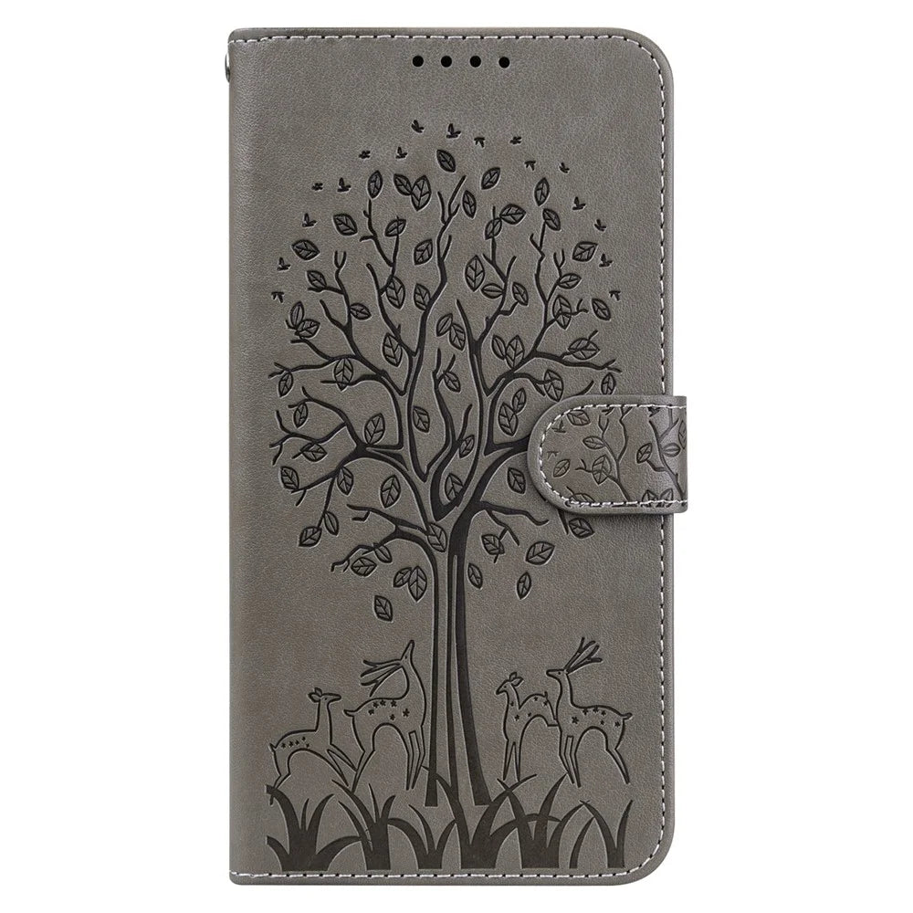 Wallet Phone Case for Samsung Galaxy A14 5G / A14 4G , PU Leather Deer Tree Pattern Stand Flip Cover - Grey - 6
