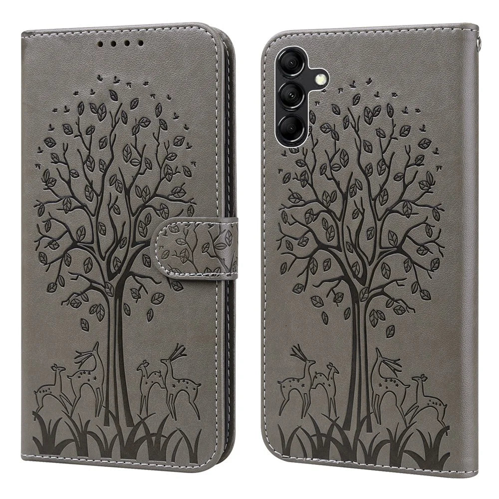 For Samsung Galaxy A34 5G PU Leather Flip Wallet Phone Case Deer Tree Pattern Stand Magnetic Cover - Grey - 1