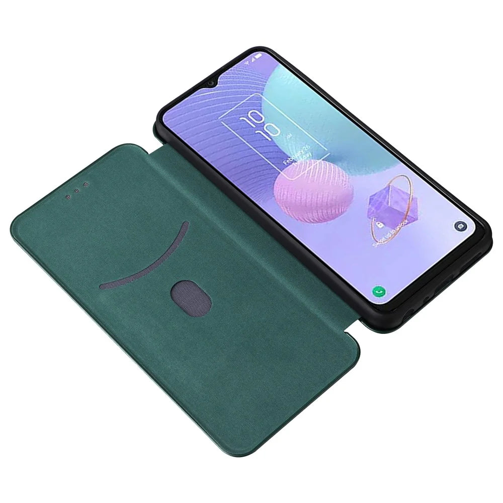 For TCL 408 Leather Stand Phone Cover Carbon Fiber Texture Phone Case with Card Slot - Green - 2