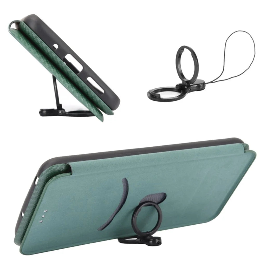 For TCL 408 Leather Stand Phone Cover Carbon Fiber Texture Phone Case with Card Slot - Green - 4