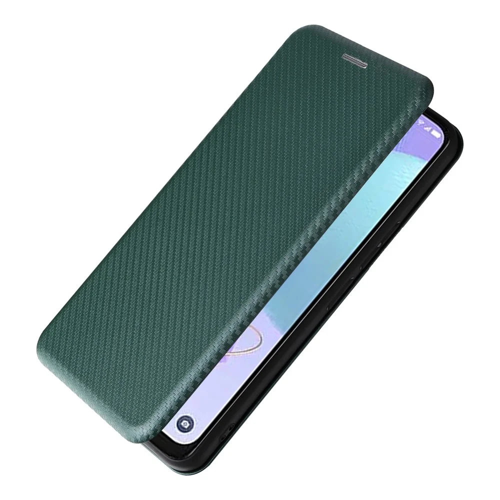 For TCL 408 Leather Stand Phone Cover Carbon Fiber Texture Phone Case with Card Slot - Green - 5