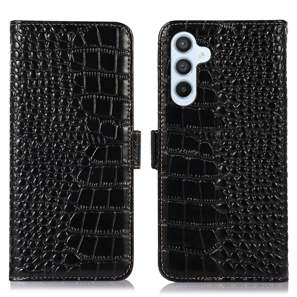 Wallet Phone Case for Samsung Galaxy M14 5G RFID Blocking Genuine Cowhide Leather Phone Cover - Black - 1